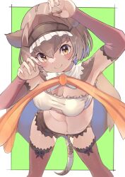 Rule 34 | 1girl, absurdres, animal ears, bow, bowtie, brown eyes, brown hair, cloak, elbow gloves, extra ears, frilled lizard (ex) (kemono friends), gloves, green background, highres, kemono friends, lizard tail, looking at viewer, navel, osnmykk, reptile girl, short hair, shorts, simple background, solo, strapless, tail, thighhighs, tube top
