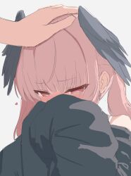 Rule 34 | 1girl, 1other, black cardigan, blue archive, blush, cardigan, commentary, covering face, genso (thereisnosauce), half-closed eyes, hands up, head wings, headpat, highres, koharu (blue archive), long hair, long sleeves, nose blush, out of frame, pink hair, portrait, simple background, sleeves past fingers, sleeves past wrists, white background, wings