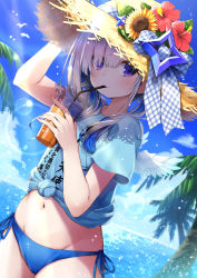 Rule 34 | 1girl, absurdres, amane kanata, angel wings, asymmetrical bangs, asymmetrical hair, bikini, bikini bottom only, blue bikini, blue shirt, bob cut, cowboy shot, cup, disposable cup, drinking, drinking straw, dutch angle, feathered wings, flower, grey hair, groin, hair over one eye, hand on headwear, hand up, hat, hat flower, highres, holding, holding cup, hololive, hototogisu (hot to gis), lens flare, light rays, midriff, mini wings, navel, no pants, ocean, pp tenshi t-shirt, purple eyes, shade, shirt, short hair, short hair with long locks, short sleeves, side-tie bikini bottom, solo, straw hat, summer, sun hat, sunbeam, sunflower, sunlight, swimsuit, t-shirt, tied shirt, tropical, virtual youtuber, white wings, wings