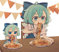 Rule 34 | 1girl, absurdres, ahoge, birthday sash, blue bow, blue dress, blue eyes, blue hair, blush stickers, bow, chair, cirno, cirno day, collared shirt, dress, eating, fairy, food, food on clothes, food on face, fork, fumo (doll), hair bow, highres, holding, holding fork, ice, ice wings, kame (kamepan44231), pasta, pinafore dress, shirt, short hair, short sleeves, sitting, sleeveless, sleeveless dress, solo, spaghetti, touhou, white shirt, wings