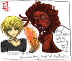 Rule 34 | 1boy, 1girl, blonde hair, cain, closed eyes, control, cross, cross necklace, dark, dorothy (galerians), english text, evil, fire, galerians, green eyes, jewelry, necklace, short hair