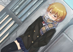 Rule 34 | 1girl, black thighhighs, blonde hair, blush, breath, brown eyes, coat, dutch angle, hands in pockets, looking at viewer, original, pleated skirt, scarf, school gateway, school uniform, skirt, solo, thighhighs, winter clothes, yumoteliuce, zettai ryouiki