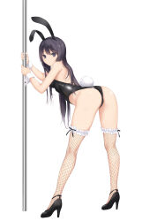 Rule 34 | 1girl, animal ears, ass, backless leotard, bent over, black footwear, black hair, black leotard, breasts, closed mouth, coffee-kizoku, commentary request, fake animal ears, fake tail, fishnet thighhighs, fishnets, full body, high heels, highres, holding, holding pole, legs, leotard, long hair, looking at viewer, looking back, medium breasts, original, playboy bunny, pole, pumps, purple eyes, rabbit ears, rabbit tail, shiramine rika, simple background, solo, strapless, strapless leotard, stripper pole, tail, thighhighs, white background, white wrist cuffs, wrist cuffs