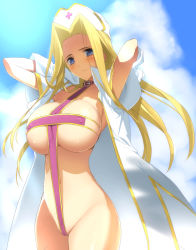 Rule 34 | 1girl, blonde hair, blue eyes, blush, breasts, cape, cloud, covered erect nipples, cross swimsuit, crotch strap, day, gradient background, groin, hair intakes, hat, hima, large breasts, long hair, mint adenade, nurse cap, sky, smile, solo, swimsuit, tales of (series), tales of phantasia, very long hair