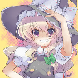Rule 34 | 1girl, bad id, bad pixiv id, bow, female focus, grin, hair bow, hand on headwear, hand on own hip, hat, hat bow, kirisame marisa, long hair, pink eyes, pink hair, smile, solo, sparkle, touhou, witch, witch hat, yui (niikyouzou)