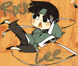 Rule 34 | 1boy, black eyes, black hair, character name, chibi, kicking, kyuura-jii, male focus, naruto, naruto (series), open mouth, rock lee, solo