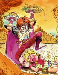 Rule 34 | 1990s (style), 2girls, angry, araizumi rui, armor, arms up, blonde hair, boots, cape, chicken (food), closed eyes, day, food, gloves, grin, headband, highres, holding, holding another&#039;s leg, holding tray, lina inverse, long hair, lying, multiple girls, non-web source, official art, on ground, open mouth, outdoors, painting (medium), pauldrons, pudding, red eyes, red hair, retro artstyle, scar, shoulder armor, slayers, smile, stepped on, tears, teeth, traditional media, tray, upper teeth only, v-shaped eyebrows, watercolor (medium), wristband