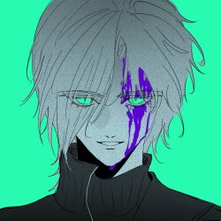 Rule 34 | 1boy, aged down, black sweater, blood, blood on face, commentary request, evil grin, evil smile, final fantasy, final fantasy vii, final fantasy vii ever crisis, green background, green eyes, green theme, grin, hair over one eye, high collar, highres, looking at viewer, male focus, purple blood, sephiroth, short hair, slit pupils, smile, solo, spot color, sweater, upper body, verywellcopied