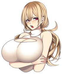Rule 34 | 1girl, annoyed, arm under breasts, blonde hair, blush, breasts, cleavage, cleavage cutout, clothing cutout, embarrassed, highres, holding own arm, huge breasts, hz (666v), looking to the side, open mouth, original, red eyes, simple background, sleeveless, sleeveless sweater, sleeveless turtleneck, sweater, turtleneck, upper body, white background, white sweater