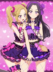 Rule 34 | 10s, 2girls, :d, aikatsu!, aikatsu! (series), arm ribbon, black hair, blonde hair, blush, bow, cross-laced clothes, daichi nono, detached collar, fang, fang out, fishnet pantyhose, fishnets, frills, hair ornament, hair scrunchie, hairband, hand on another&#039;s shoulder, heart, highres, idol, jewel (the black canvas), layered skirt, leg between thighs, bridal garter, leg up, long hair, looking at viewer, midriff, mole, mole under eye, multiple girls, nail polish, navel, open mouth, pantyhose, pink nails, purple eyes, purple nails, red eyes, ribbon, scrunchie, shirakaba risa, sleeveless, smile, sparkle, twintails, v, yuri