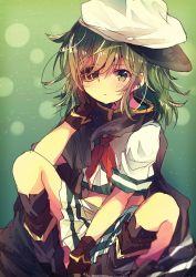 Rule 34 | 10s, 1girl, beret, boots, brown gloves, commentary request, eyepatch, gloves, green background, green eyes, green hair, hat, kantai collection, kiso (kancolle), kiso kai ni (kancolle), looking at viewer, midriff, nanahamu, neckerchief, pleated skirt, red neckerchief, school uniform, serafuku, shirt, skirt, solo, white shirt, white skirt