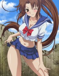 Rule 34 | 1girl, alternate costume, artist request, blush, breasts, brown hair, cleavage, fatal fury, large breasts, long hair, long legs, midriff, miniskirt, navel, one eye closed, ponytail, queen&#039;s blade, queen&#039;s gate, ribbon, school uniform, shiranui mai, skirt, snk, solo, the king of fighters, very long hair, wink