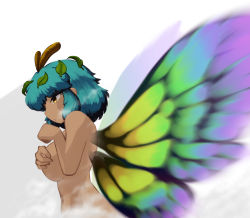 Rule 34 | 1094akagakati, 1girl, absurdres, antennae, aqua hair, breasts, butterfly wings, closed mouth, completely nude, eternity larva, fairy, from side, highres, insect wings, large breasts, leaf, leaf on head, navel, nude, orange eyes, short hair, solo, touhou, upper body, white background, wings