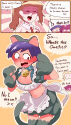 Rule 34 | 2koma, 3girls, amphibia, animal ears, animal hands, anne boonchuy, apron, bell, black hair, blonde hair, breasts, brown eyes, cat ears, cat tail, cleavage, closed eyes, comic, detached collar, dogsogi, english text, fake animal ears, gloves, green skirt, long hair, marcy wu, medium breasts, midriff, multiple girls, navel, neck bell, necktie, outline, paw gloves, red necktie, sasha waybright, short hair, skirt, speech bubble, tail, waist apron, white apron, white outline, yellow background
