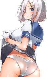 Rule 34 | 1girl, ass, blush, breasts, close-up, closed mouth, clothes lift, cowboy shot, from behind, gloves, grey background, grey skirt, hair ornament, hairclip, hamakaze (kancolle), hechi (hechi322), highres, kantai collection, large breasts, lifted by self, looking back, pleated skirt, sailor collar, school uniform, serafuku, short hair, silver hair, silver panties, simple background, skirt, skirt lift, solo, upper body, white gloves