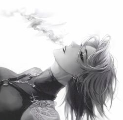 Rule 34 | 1girl, bare shoulders, chain, chain necklace, commentary, ear piercing, eyeliner, forehead, from side, greyscale, jewelry, ko no maoyu da, makeup, medium hair, monochrome, multiple necklaces, necklace, path to nowhere, piercing, profile, shirt, shoulder tattoo, simple background, sleeveless, sleeveless shirt, smile, smoke trail, smoking, solo, sword necklace, symbol-only commentary, tattoo, turtleneck, turtleneck shirt, upper body, zoya (path to nowhere)