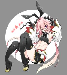 Rule 34 | 1boy, animal ears, ass, astolfo (fate), astolfo (saber) (fate), bare shoulders, bow, commentary request, detached sleeves, fang, fate/grand order, fate (series), full body, gloves, grey background, hair between eyes, hair bow, haoro, long hair, male focus, midriff, multicolored hair, navel, one eye closed, open mouth, pink hair, purple eyes, rabbit ears, shoes, simple background, skin fang, skirt, solo, star (symbol), stomach, streaked hair, thighhighs, two-tone background, two-tone hair, white background, white hair