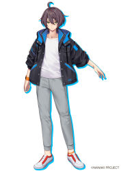Rule 34 | 1boy, ahoge, black jacket, brown hair, closed mouth, collarbone, colored shadow, commentary request, drop shadow, full body, green eyes, grey pants, hair between eyes, jacket, long sleeves, looking at viewer, male focus, ne-on, open clothes, open jacket, original, outstretched arm, pants, puffy long sleeves, puffy sleeves, shadow, shirt, shoes, solo, standing, virtual youtuber, watermark, white background, white footwear, white shirt