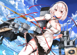 Rule 34 | 1girl, absurdres, anchor choker, apron, azur lane, black dress, blue sky, bob cut, breasts, cleavage, closed mouth, cloud, cloudy sky, commentary, day, dress, dutch angle, frilled sleeves, frills, hairband, highres, holding, holding sword, holding weapon, horizon, lace-trimmed hairband, lace trim, large breasts, light frown, looking at viewer, ocean, outdoors, puffy short sleeves, puffy sleeves, red eyes, ribbon-trimmed legwear, ribbon trim, rigging, short dress, short hair, short sleeves, sirius (azur lane), sky, solo, standing, sword, thighhighs, weapon, white apron, white hair, white thighhighs, yanagi marie