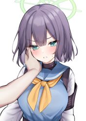 Rule 34 | 1girl, 1other, blue archive, blue serafuku, blush, breasts, espada gcon, green eyes, green halo, halo, highres, large breasts, long sleeves, looking at viewer, neckerchief, open mouth, purple hair, sailor collar, saki (blue archive), school uniform, serafuku, short hair, simple background, solo focus, white background, white sailor collar, yellow neckerchief