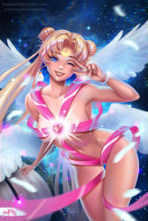 Rule 34 | 1girl, ;d, angel, angel wings, arm up, armpits, artist name, bare shoulders, bishoujo senshi sailor moon, blonde hair, blue eyes, blurry, breasts, brooch, collarbone, contrapposto, cowboy shot, crescent, crescent earrings, crescent facial mark, depth of field, double bun, earrings, facial mark, feathered wings, fingernails, foreshortening, gem, glowing, hair bun, heart, heart brooch, highres, jewelry, large breasts, long hair, looking at viewer, naked ribbon, navel, one eye closed, open mouth, parted bangs, prywinko, red lips, ribbon, sailor moon, smile, solo, standing, stomach, thigh gap, tsukino usagi, twintails, v over eye, very long hair, watermark, web address, white wings, wings