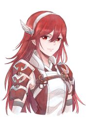 Rule 34 | 1girl, armor, caeldori (fire emblem), feather hair ornament, feathers, fire emblem, fire emblem fates, flat chest, hair between eyes, hair ornament, hairband, highres, long hair, looking at viewer, nintendo, red eyes, red hair, shoulder armor, smile, solo, sturm fe k11, upper body, white background, white hairband