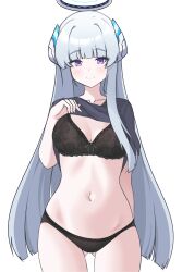 Rule 34 | 1girl, absurdres, black bra, black panties, black shirt, blue archive, bra, breasts, closed mouth, clothes lift, cowboy shot, gluteal fold, grey hair, halo, highres, hrna, large breasts, lifted by self, long hair, looking at viewer, navel, noa (blue archive), panties, purple eyes, shirt, shirt lift, short sleeves, simple background, smile, solo, underwear, very long hair, white background
