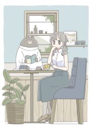 Rule 34 | 1girl, animal, bear, blush, book, brown hair, chair, clothed animal, cup, east sha2, from side, hand on own chin, highres, holding, holding book, indoors, loafers, long skirt, low twintails, mug, original, plant, potted plant, shirt, shoes, sitting, skirt, sleeveless, sleeveless shirt, table, twintails, window