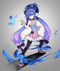 Rule 34 | 1girl, bad id, bad pixiv id, bare shoulders, blue dress, blue eyes, blue fire, blue hair, blue headwear, bow, braid, clenched hand, collar, dress, eel hat, fire, full body, gradient hair, grey background, hair bow, large hat, low-braided long hair, low-tied long hair, multicolored hair, otomachi una, otomachi una (talkex), pantyhose, parted lips, plaid, plaid bow, plaid legwear, sailor collar, shadow, shidoh279, shoes, sneakers, solo, standing, talkex, twintails, v-shaped eyebrows, vocaloid, white collar