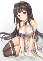 Rule 34 | 10s, 1girl, bare shoulders, black eyes, black hair, black thighhighs, blush, breasts, china dress, chinese clothes, cleavage, cleavage cutout, clothing cutout, dress, female focus, gloves, goggles, goggles on head, granblue fantasy, jessica (granblue fantasy), kirimoti34, large breasts, long hair, looking at viewer, simple background, smile, solo, thighhighs, thighs, white background, white gloves