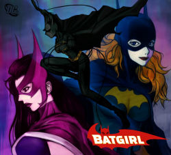 Rule 34 | 3girls, animal ears, arm up, barbara gordon, bat ears, batgirl, batman (series), belt, belt pouch, black hair, blue eyes, bodysuit, breasts, cable, cape, cassandra cain, character name, dc comics, dual persona, fake animal ears, female focus, from side, gloves, halcion, helena bertinelli, holding, hood, huntress (dc), jumping, leg lift, lipstick, long hair, looking afar, looking at viewer, makeup, mask, multiple girls, orange hair, outstretched arm, parted lips, pouch, profile, purple eyes, purple lips, red lips, skin tight, smile, spandex, turtleneck, upper body, utility belt, wavy hair, weapon