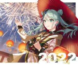 Rule 34 | 2022, blue eyes, blue hair, blurry, blurry background, earrings, fireworks, floating hair, grin, hair between eyes, hatsune miku, highres, holding, holding umbrella, jewelry, long hair, long sleeves, oil-paper umbrella, red umbrella, rizu033, smile, twintails, umbrella, vocaloid