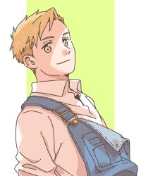 Rule 34 | 1boy, alphonse elric, arms at sides, blonde hair, blue overalls, casual, close-up, closed mouth, collared shirt, dress shirt, facing viewer, fullmetal alchemist, green background, happy, highres, leaning back, light smile, looking afar, male focus, nyaa (morinaga1125manami), open overalls, overalls, shade, shirt, sidelighting, simple background, sleeves rolled up, striped, striped background, swept bangs, tareme, two-tone background, upper body, white background, white shirt, yellow eyes
