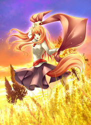 Rule 34 | 00s, 1girl, animal ears, brown hair, holo, long hair, niko, niko (azurite), red eyes, solo, spice and wolf, tail, wheat, wolf ears, wolf tail