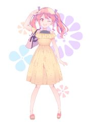 Rule 34 | 1girl, ;d, arm up, bag, bang dream!, bare shoulders, bow, brown footwear, brown hair, commentary request, dress, hair bow, handbag, haruse hiroki, highres, looking at viewer, maruyama aya, off-shoulder dress, off shoulder, one eye closed, open mouth, pink hair, purple bow, red eyes, round teeth, sandals, sidelocks, sleeveless, sleeveless dress, smile, solo, teeth, twintails, upper teeth only, v, white background, yellow dress