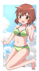 Rule 34 | 1girl, :d, bare arms, bare legs, bare shoulders, barefoot, bikini, blush, breasts, brown eyes, brown hair, cleavage, collarbone, day, fang, front-tie bikini top, front-tie top, full body, green bikini, hair between eyes, hand up, highres, inokuma youko, kin-iro mosaic, looking at viewer, medium breasts, navel, open mouth, smile, solo, striped bikini, striped clothes, swimsuit, takasuma hiro