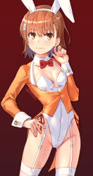 Rule 34 | 1girl, animal ears, blush, bow, bowtie, breasts, brown eyes, brown hair, collar, collarbone, commentary request, covered navel, detached collar, fake animal ears, female focus, flower, garter straps, hair flower, hair ornament, hairband, hand on own hip, jacket, leotard, long sleeves, looking at viewer, misaka mikoto, orange jacket, playboy bunny, rabbit ears, raika9, red background, red bow, red bowtie, short hair, simple background, small breasts, solo, strapless, strapless leotard, thighhighs, toaru kagaku no railgun, toaru majutsu no index, twitter username, white collar, white flower, white hairband, white leotard, white thighhighs, wing collar