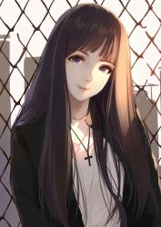Rule 34 | 1girl, black jacket, breasts, brown hair, caidychen, chain-link fence, commentary request, cross, cross necklace, fence, head tilt, highres, jacket, jewelry, lips, long hair, long sleeves, looking at viewer, necklace, open clothes, open jacket, original, purple eyes, red lips, shirt, smile, solo, white shirt