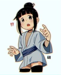 Rule 34 | !?, 1girl, black hair, black thighhighs, blue background, blue kimono, brown outline, collarbone, commentary request, cropped legs, fishnets, grey eyes, hair bun, hands up, japanese clothes, kimono, kunoichi tsubaki no mune no uchi, long sleeves, looking at viewer, mawaru (mawaru), mokuren (kunoichi tsubaki no mune no uchi), obi, open mouth, outline, sash, short kimono, sidelocks, simple background, solo, thighhighs, white outline, wide sleeves