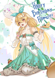 Rule 34 | 1girl, 1other, absurdres, balloon, birthday cake, blonde hair, blush, bow, brown eyes, butterfly hair ornament, cake, cake slice, detached sleeves, eating, elira pendora, english text, fairy, finana ryugu, flower, food, fork, green bow, green headband, green skirt, hair bow, hair flower, hair ornament, halter shirt, halterneck, happy birthday, headband, highres, lazulight, long hair, looking at viewer, low twintails, maplesights, multicolored eyes, nijisanji, nijisanji en, open mouth, pantyhose, plate, pointy ears, pomu rainpuff, pomudachi (pomu rainpuff), puffy sleeves, red eyes, see-through, see-through sleeves, seiza, shirt, shirt tucked in, sitting, skirt, sleeveless, sleeveless shirt, smile, solo focus, twintails, virtual youtuber, white background, white flower, white pantyhose, white shirt, white sleeves