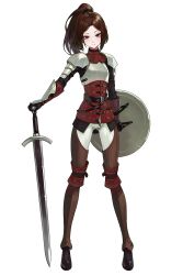 Rule 34 | 1girl, closed mouth, female focus, full body, highres, long hair, looking at viewer, original, ponytail, scar, scar on face, shield, simple background, solo, standing, sword, warrior, weapon