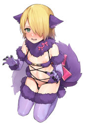 Rule 34 | 1boy, blonde hair, blush, cosplay, crossdressing, dr. stone, elbow gloves, embarrassed, fate/grand order, fate (series), ginro (dr. stone), gloves, green eyes, hair over one eye, kaidou j1, male focus, mash kyrielight, mash kyrielight (dangerous beast), mash kyrielight (dangerous beast) (cosplay), medium hair, nipple slip, nipples, official alternate costume, penis, penis peek, purple thighhighs, revealing clothes, simple background, solo, thighhighs, trap, white background