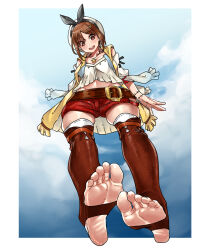 Rule 34 | 1girl, atelier (series), atelier ryza, atelier ryza 1, bare shoulders, belt, beret, black ribbon, blush, border, breasts, brown eyes, brown hair, camisole, cleavage, collarbone, detached sleeves, eiji (eiji), feet, foot focus, foreshortening, full body, gloves, hair ornament, hairclip, hat, highres, jewelry, leather belt, looking at viewer, medium breasts, navel, necklace, open clothes, open mouth, open vest, red shorts, reisalin stout, ribbon, short hair, short shorts, shorts, smile, solo, star (symbol), star necklace, thick thighs, thighs, vest, white border, white camisole, white hat, yellow vest