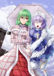 Rule 34 | 2girls, alternate eye color, apron, blue eyes, blue shirt, blue skirt, boots, capelet, coat, english text, frilled umbrella, frills, gloves, green hair, hair between eyes, hat, kazami yuuka, layered clothes, leg up, letty whiterock, long skirt, long sleeves, looking at another, multiple girls, one eye closed, orange eyes, parted lips, polearm, pom pom (clothes), purple gloves, purple hair, red skirt, rubber boots, shared umbrella, shiny skin, shirt, skirt, standing, standing on one leg, taut clothes, taut shirt, teeth, touhou, trident, umbrella, waist apron, weapon, white footwear, white hat, white shirt, winter, winter clothes, winter coat, y2