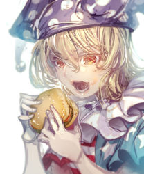 Rule 34 | 1girl, american flag dress, american flag shirt, blonde hair, burger, clownpiece, eating, food, food on face, hat, holding, holding food, jester cap, long hair, open mouth, red eyes, shirt, short sleeves, simple background, sketch, solo, star (symbol), striped, sweatdrop, teeth, touhou, upper body, white background, zounose