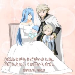 Rule 34 | 2boys, 2girls, :d, :o, aged down, aged up, azura (fire emblem), baby, barefoot, blue hair, breasts, brother and sister, cape, chair, closed eyes, corrin (fire emblem), corrin (male) (fire emblem), couple, dress, fire emblem, fire emblem fates, grey hair, hetero, highres, holding, husband and wife, jewelry, kana (female) (fire emblem), kana (fire emblem), kana (male) (fire emblem), multiple boys, multiple girls, nintendo, open mouth, pendant, pink background, pointy ears, red eyes, shigure (fire emblem), short hair, siblings, sidelocks, sitting, sleeping, smile, strapless, strapless dress, text focus, tiara, toshi (toshi10416), translation request, white cape, yellow eyes