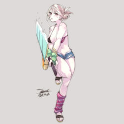 Rule 34 | 1girl, blonde hair, breasts, chinese text, cleavage, commentary, dated, denim, ejami, feet, fingerless gloves, gloves, huge weapon, jeans, large breasts, league of legends, looking at viewer, pants, riven (league of legends), short hair, shorts, signature, simple background, solo, swimsuit, sword, weapon