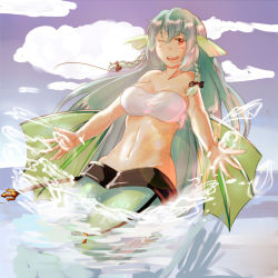 Rule 34 | 1girl, ;d, bandeau, bare shoulders, bikini, blue hair, blush, bow, braid, breasts, cloud, day, drawfag, fins, green hair, hair bow, hair ribbon, head fins, imageboard desourced, large breasts, lens flare, long hair, lowleg, mermaid, midriff, minerva (artist), monster girl, monster girl encyclopedia, non-web source, ocean, one eye closed, open hands, open mouth, outdoors, red eyes, ribbon, sea bishop, sky, smile, solo, splashing, strapless, swimsuit, tthal, tube top, twin braids, very long hair, water, wink