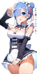 Rule 34 | 1girl, alternate hairstyle, arm up, black panties, blue eyes, blue hair, blunt bangs, breasts, cleavage, clothes pull, detached collar, detached sleeves, flower, hair bun, hair flower, hair ornament, hair over one eye, highres, japanese text, large breasts, looking at viewer, maid, matching hair/eyes, neck ribbon, open mouth, panties, panty peek, re:zero kara hajimeru isekai seikatsu, rem (re:zero), remnia, ribbon, roswaal mansion maid uniform, shiny skin, short hair, simple background, skirt, skirt pull, smile, solo, thick thighs, thighs, translated, underwear, v, white background, x hair ornament