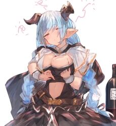 Rule 34 | 1girl, alcohol, artist request, blue hair, breasts, cleavage, drunk, female focus, granblue fantasy, horns, lamretta, large breasts, looking at viewer, revealing clothes, simple background, solo, white background, yellow eyes